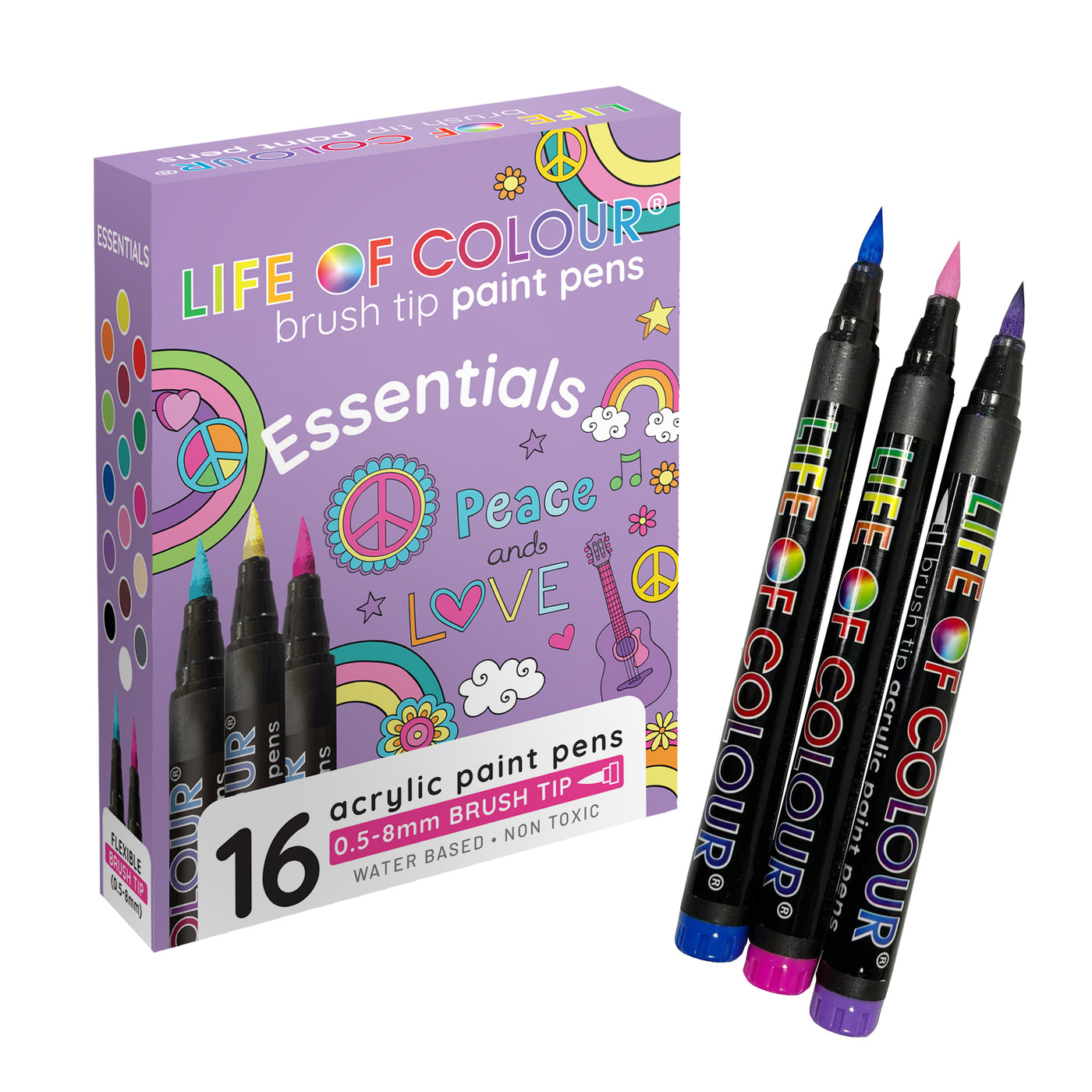 Life of Colour, Essential Colours Brush Tip Acrylic Paint Pens - Set of 16